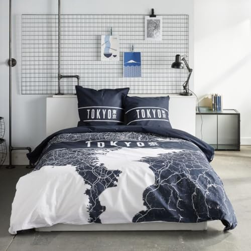 Today Parure de lit 2 Personnes 220x240cm + 2 taies oreillers 63x63 cm imprimée Java 1,16, Tokyo Bleu
