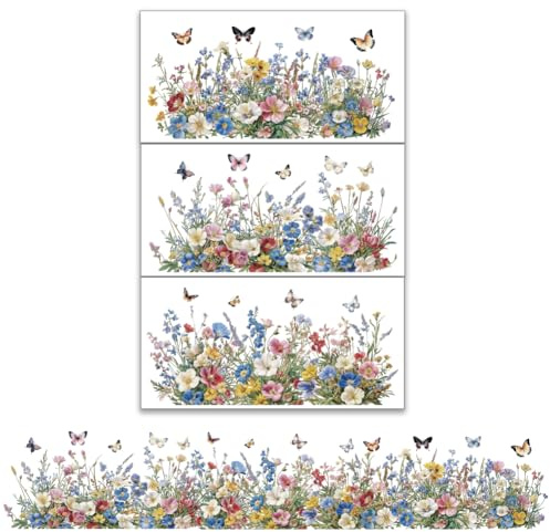 OLYCRAFT Set 3 Pz Fiori Trasferimenti per Mobili e Artigianato 30x15cm, Decalcomanie in Legno con Erba Farfalle, Adesivi Trasferibili per Decorazione Casa