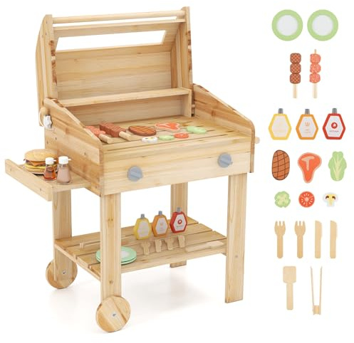 COSTWAY Kids BBQ Grill Playset with Wheels, Play Food, Grilling Tools and Accessories, Wooden Barbecue Grill Toy Set for Boys Girls Ages 3+