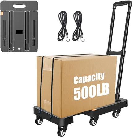 Folding Hand Truck, 6 Wheels Fold Up Hand Cart with 2 Elastic Ropes, Portable 200KG Capacity Heavy Duty Luggage Cart, Shopping Trolley on Wheels for Car House Office Luggage Moving, Black