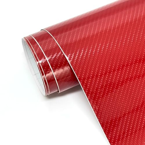 Carbon Fiber Vinyl Wrap for Cars, 6D High Gloss Car Wrap Vinyl Roll with Air Release, PVC Self Adhesive Auto Sticker Decal Interior Exterior(Red, 1ft x 10ft)