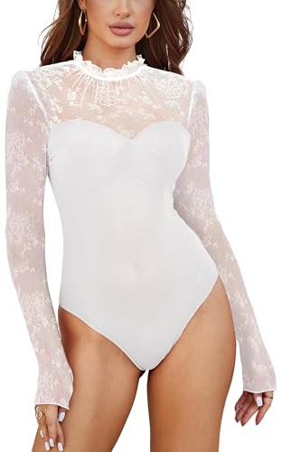 SEBOWEL Body da donna in pizzo, sexy, con scollo a V, a maniche lunghe, in pizzo, taglia M, colore bianco