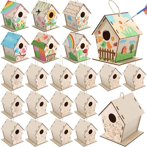 DoubleFill Confezione da 48 casette per uccelli in legno per bambini, case in legno per fai da te, kit per casette per uccelli da appendere incompiute, case artigianali in legno per dipingere