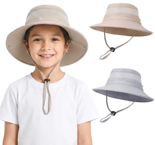 Utensilsto 2 Stück Sonnenhut Kinder mit Kinnriemen,Fischerhut für Mädchen und Jungen,Sonnenmütze,Sommerhut Kinder Anglerhut Breiter Krempe Strandhut für Kinder von 5–12 Jahren