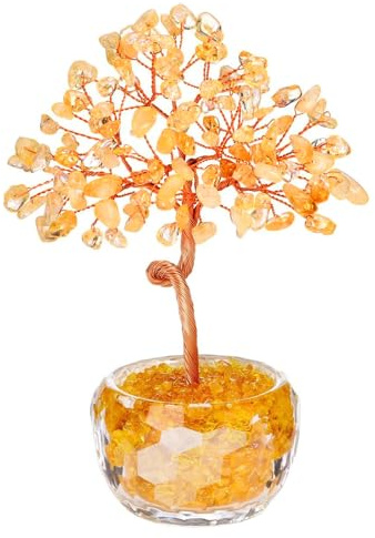 AURIVEE Árbol de la Vida de Cristal Amarillo - Árbol del Dinero de Piedra Dorada Artesanal, Decoración Feng Shui Riqueza para Casa Oficina, Regalo Espiritual