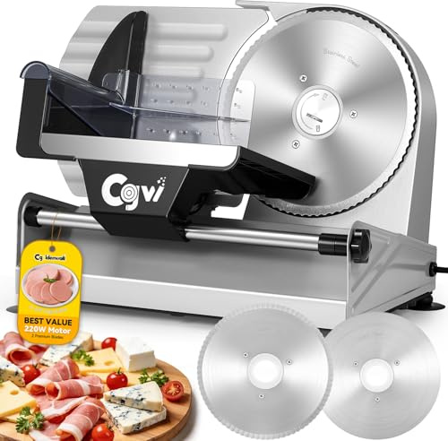 CGOLDENWALL Electric Meat Slicer 220W, 0-20mm Adjustable Thickness, Food Slicer for Meat, Cheese, Bread, Vegetables, with 2 Removable 19cm Stainless Steel Blades, Food Pusher for Home Use(Silver)