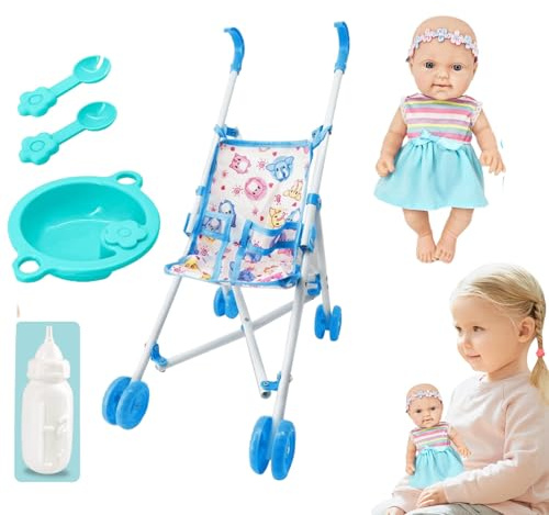 Juego de Cochecito para muñecas para niños, muñeca pequeña con Cochecito,Juego de Juguetes para de bebé para niñas - de muñecas de 10 Pulgadas con, Accesorios para, j