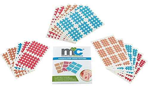 Medicalcorner24® Kinesiologie Gittertape 102 Stück, Cross-Patches, Cross Tape, Gitterpflaster, Akupunktur-Pflaster, in versch. Größen und Farben, Beige, Blau, Pink