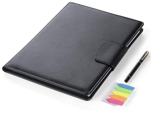 Hengsong Schreibmappe A4,Klemmbrettmappe,Dokumentenmappe A4 Leder mit A4-Notizblock,mit Klemmbrett A4,mit Klebemarkierungen Farbig&Kugelschreiber,Für Büro Hause Schule Dokumente Organisieren,Schwarz