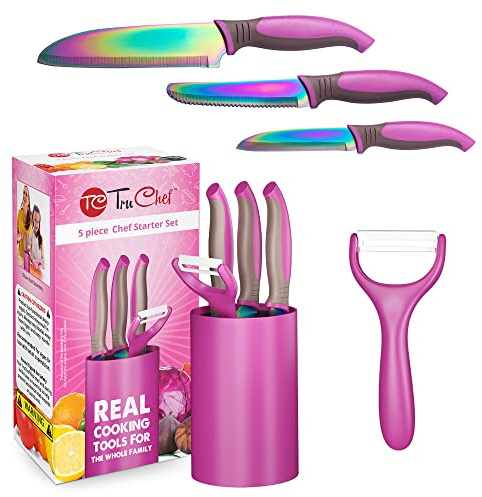 TruChef 5-Piece Kids Knife Set for Real Cooking | Stainless Steel Chef, Paring & Serrated Knives with Peeler & Holder | Safe Junior Chef Cooking Set for Kids (5 pcs, Pink)