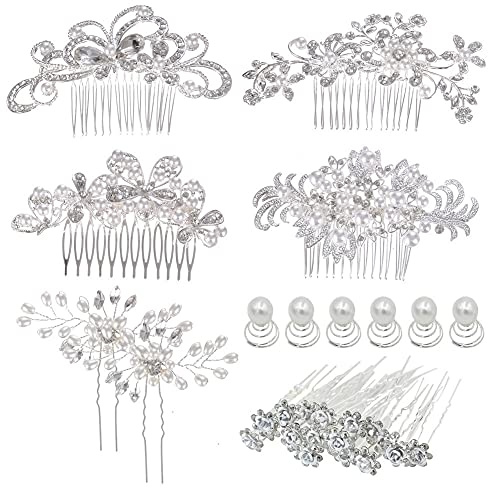 inSowni 32 Pack Silver Wedding Hair Side Combs+U-shaped & Twist Bridal Hair Pins Pieces Accessories Rhinestone Pearls for Women Girls Brides Bridesmaids