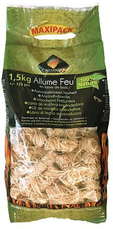 stock ALLUME FEU LAINE DE BOIS 1,5KG CHEMINEE BARBECUE BRASERO PRISE RAPIDE