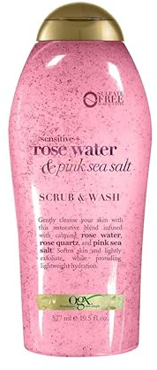 OGX Sensitive + Rose Water & Pink Sea Salt Exfoliating Body Scrub + Rose Quartz, Gentle Exfoliating Daily Body Wash Softens Skin, Body Scrub for Women, Sulfate-Free Surfactants, 19.5 fl oz