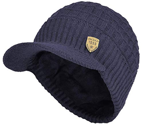 Yixda - Gorro de invierno para hombre, tejido térmico, con visera y forro polar, azul marino, Talla única