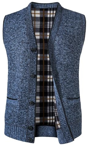 Yukirtiq Chaleco de Punto para Hombre Cárdigan sin Mangas de Hombre Casuales Chaleco de Suéter Liso de Color Suéter de Punto Pullover Elegante, Azul, M