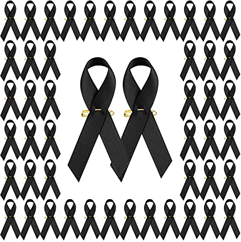 WANDIC 100 Stück Schwarze Bandnadeln, Satin-Broschen Mit Sicherheitsnadeln für Klassisches Melanom, Trauer, Gedenktag - Schwarz, 7,5 x 4 cm