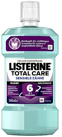 LISTERINE Total Care Sensible Zähne (500 ml), antibakterielle Mundspülung für schmerzempfindliche Zähne mit 6 in 1 Wirkung, mildes Mundwasser schützt vor Zahnfleischproblemen