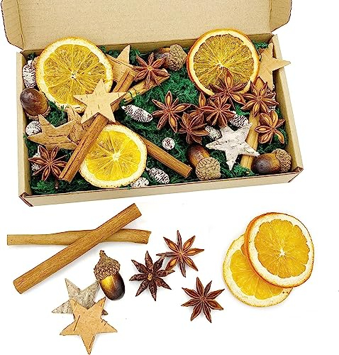 52 Stücks Weihnachtsdeko Adventskranz Set, Mix Weihnachten Bastelset Kreative Moos Deko mit Natur Eichel, Birke Stern, Orangenscheibe, Mini-Zeder, Zimt, Anis, Eichel, Dunkelgrünes Moos