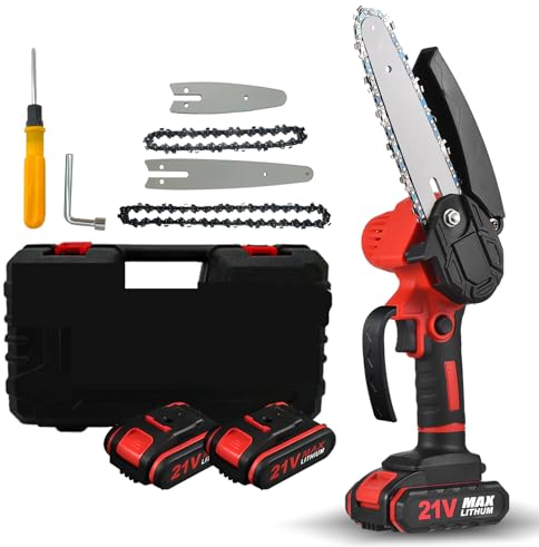 Cornesty Mini tronçonneuse 4 pouces 6 pouces tronçonneuse portable avec verrou de sécurité 2 chaînes 21V tronçonneuse rechargeables sans fil pour branches coupe de bois coupe d'arbres rouge