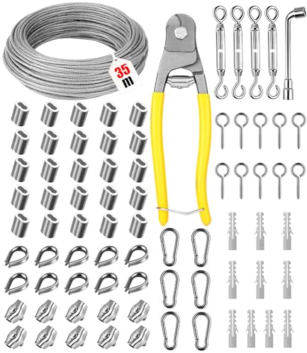 Jissta 3mm 35m Cable de Acero Inoxidable, Kit Cable Acero Nylon, Cuerda de Alambre con Tensor Ojales, Cable Acero Plastificado para Cuerda Tendedero, Suspensión, Soporte Planta