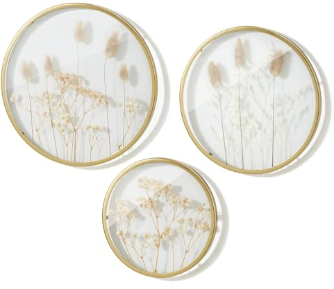 WPAJIRZO Lot de 3 cadres en verre de style bohème avec fleurs séchées pressées - Décoration murale - Fleurs séchées et herbe - Double verre - Décoration de printemps - D16, 22, 25 cm