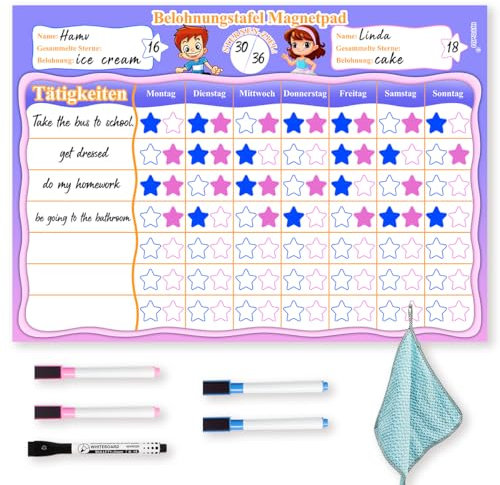 Belohnungstafel Kinder,Belohnungssystem Kinder,Magnetische Belohnungstafel für Kinder,Tagesplaner Kinder Routine,Wochenplaner Kinder,für Mädchen/Jungen mit 5 Stifte,34 X 24 cm,Belohnungstafel Deutsch
