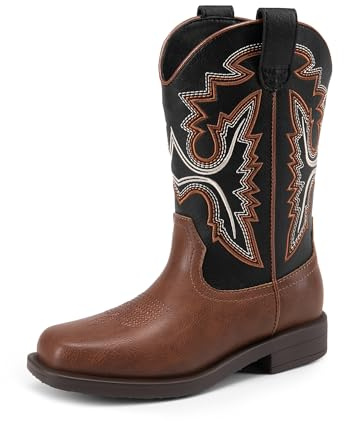 DREAM PAIRS Botas vaqueras para niños y niñas, botas occidentales de media pantorrilla, botas de equitación con punta cuadrada para niños, negro marrón, 36 2/3 EU