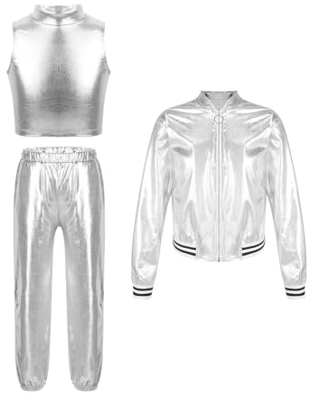 MSemis Mädchen Metallic Trainingsanzug 3-teiliges Langarm Jacke +Tank Top +Lang Hosen Glänzende Tanzanzug Streetwear Silber 146-152