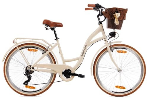 Goetze Mood 26 Zoll Jugendfahrrad, 17 Zoll Tiefeinsteiger Aluminiumrahmen, 6-Gang Kettenschaltung, doppelte V-Bremsen, LED-Beleuchtung, Rattankorb, Komfortsattel, mit Seitenständer & Klingel