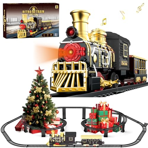 Electric Train Set with 3D Elevated Tracks Music, Locomotive Passenger Carriages, Lights & Quiet Mode Christmas Train for Kids Birthday Gift Holiday Toy for Boys Girls 3 4 5 6 7