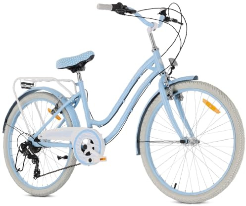 sun baby Heart Bike Bicicletta Bambina 24 Pollici, 8-12 anni, 7 velocità Shimano, freni V-Brake, campanello, portapacchi e cavalletto (Azzurro)