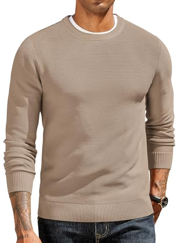 COOFANDY Suéter Hombre Cuello Redondo Jersey de Punto de Manga Larga Informal Elegante Jerséis Trabajo Básico Sudaderas Pulóver de Otoño e Invierno Sweater Caqui M