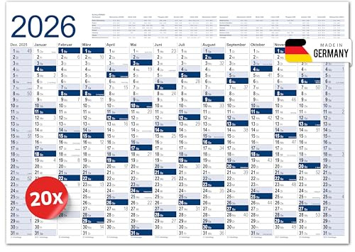 PRIMUS PRINT XXL Calendario 2026 – Calendario de carteles 2026 – Calendario de pared en tamaño póster A1 (594 x 841 mm), planificador anual para 2026, planificador de pared en azul o verde, enrollado