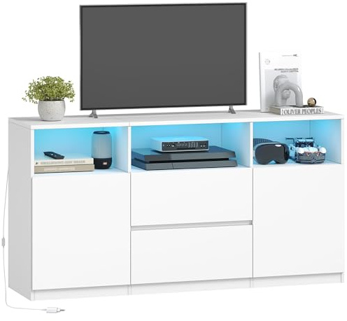 Hzuaneri TV-Schrank mit RGB LED-Beleuchtung(25 Farben), Fernsehschrank für Fernseher bis 65 Zoll, Sideboard mit 2 Schubladen 3 offenen Fächern, für Wohnzimmer Schlafzimmer, Weiß TV17003XEU