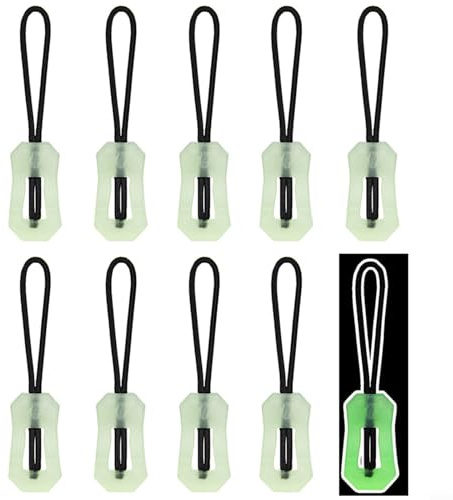 Honseadek Lot de 10 tirettes de fermeture éclair phosphorescentes pour sacs à dos et vestes, extensions de fermeture éclair lumineuses avec étiquettes réfléchissantes pour matériel de camping et de