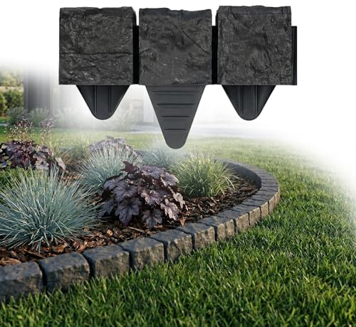 GARDENIX Rabattkant 2,4 m granit, gatstensoptik, antracitgrå, 10 x 10 cm – rabattkant, rabattgräns av plast, trädgårdsstaket, blomrabattkant
