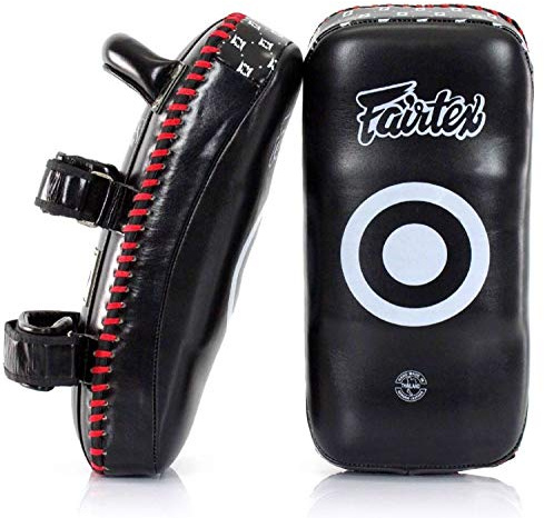 Fairtex KPLS2 Muay Thai Kick Pads Superior All Genuine Leather | Professional Training Pads for Boxing, MMA, and More | Cow Hide Leather, Curved Design, Hook & Loop Closure, Padded Straps (Black/Red)
