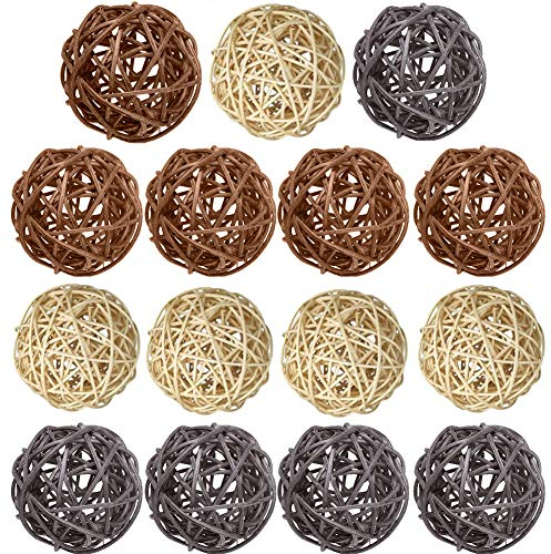 Wicker Rattan Balls 15 Pcs Decorative Multiple Color Orbs Natural Spheres Vase Fillers for DIY Craft, Party, Wedding Table Decoration, Baby Shower, Aromatherapy Accessories- Natural Brown Gray