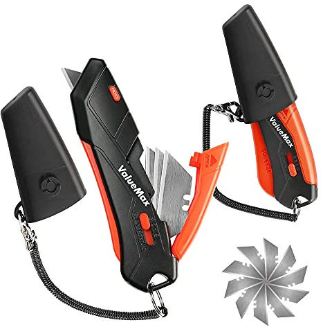 ValueMax 2-Pack Box Cutter Knife, Cardboard Cutter with Self-Retracting 3-Position Locking Blade, Safety Sheath, Lanyard, Extra 18 Blades Included, Blade Storage Design