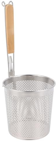 BESTonZON Große Runde Wok Sieb Sieb Braten Korb Edelstahl Holzgriff für Wärme Widerstand Udon Pasta Nudel Ramen Spülen Belasten Kochendem Braten 12Cm