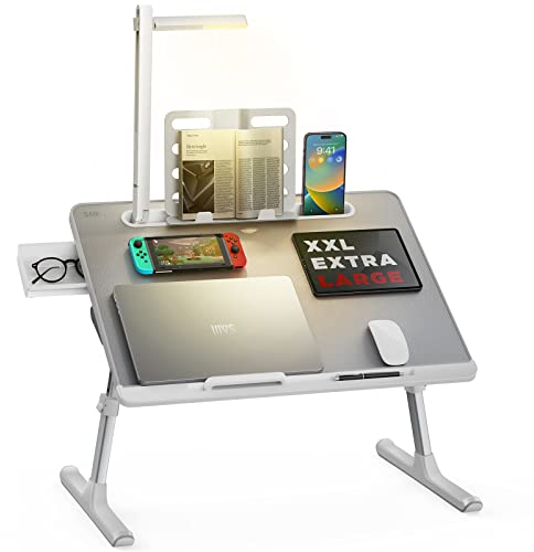 Laptoptisch Betttisch, SAIJI Bett Tisch mit LED Lampe, Höhen Winkel verstellbar, mit Buchständer, Schublade, Lap Stopper, Tablet Schlitz, Schlittenbeine