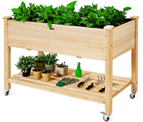 Maxmass Wooden Raised Planting Bed, Elevated Plant Planter Bed with Liner & Drain Holes and Wheels, Garden Raised Planter Box for Vegetables Flowers Herbs Growing