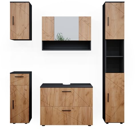Vicco Badmöbel-Set Goldkraft Eiche/Anthrazit Irma, bestehend aus Bad Spiegelschrank, Midischrank, Hängeschrank, Waschbeckenunterschrank, Hochschrank - Versteckter Stauraum hinter eleganten Türen