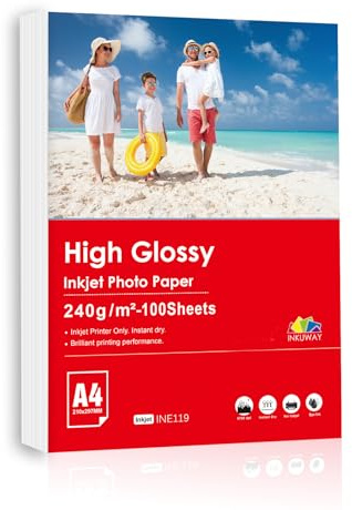 Inkuway 240g/m² Papier Photo Brillant A4 Jet d'Encre 100 Feuilles Pour Impressions Professionnelles - pour Imprimantes à Jet d'encre