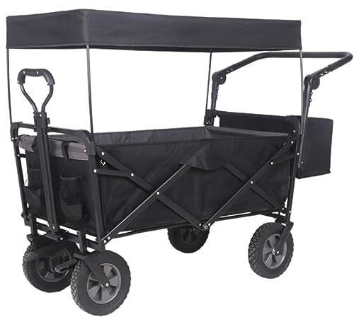 VONGAZ Faltbollerwagen Bollerwagen Handwagen Klappbarer Gartenwagen Mit Dachrädern, Bremstransportwagen Aus Metall Und Stahl Für Gartencamping Faltwagen Strandwagen Transportwagen (Color : Black)
