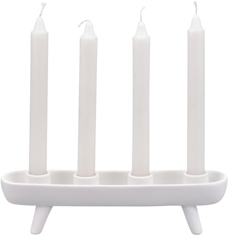 matches21 Moderner Kerzenständer für 4 Stabkerzen aus Steingut - Stabkerzenhalter in weiß im skandinavischem Stil - Halter für Stabkerzen als Tischdeko oder Adventskranz 27,5 x 6,5 x 7 cm
