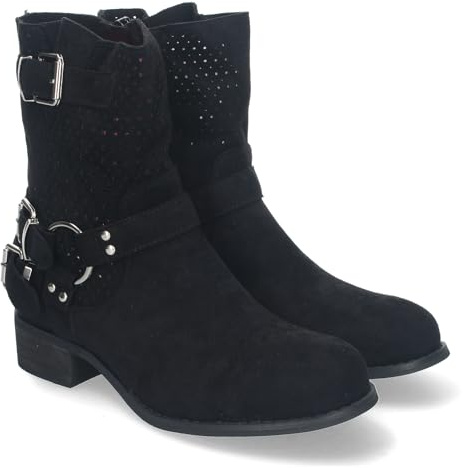 82453-Botines de Mujer con Tacon Bajo y Adornos de Hebillas, Estilo Casual, Cana Calada, Cremallera Lateral, Punta Redonda, Toda Ocasion. Talla 36 Negro
