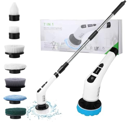 Electric Spin Scrubber with 7 Replaceable Brush Head，Shower Scrubber with Long Handle,7 in 1 Cordless Cleaning Brush，Power Shower Scrubber for Bathroom, Tub, Tile, Floor, Kitchen, Window,Black
