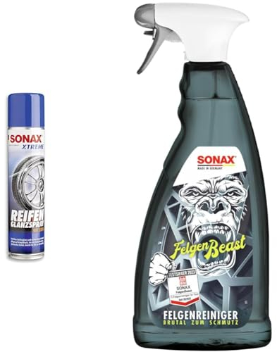SONAX XTREME ReifenGlanzSpray Wet Look (400 ml) & FelgenBeast (1 Liter) Felgenreiniger für alle polierten, verchromten und matten Stahl- & Leichtmetallfelgen | Art-Nr. 04333000