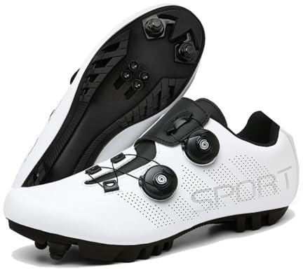 ENEN Zapatillas de Ciclismo para Hombre Mujer, MTB Zapatos Bicicleta de Montaña Compatibles con Look SPD Lock, Blanco Negro Unisex Zapatillas de Bicicleta de Montaña